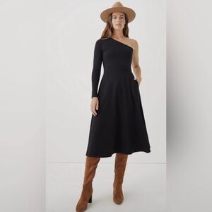 Pact cotton Elegant Black One-Shoulder Fit and Flare Dress